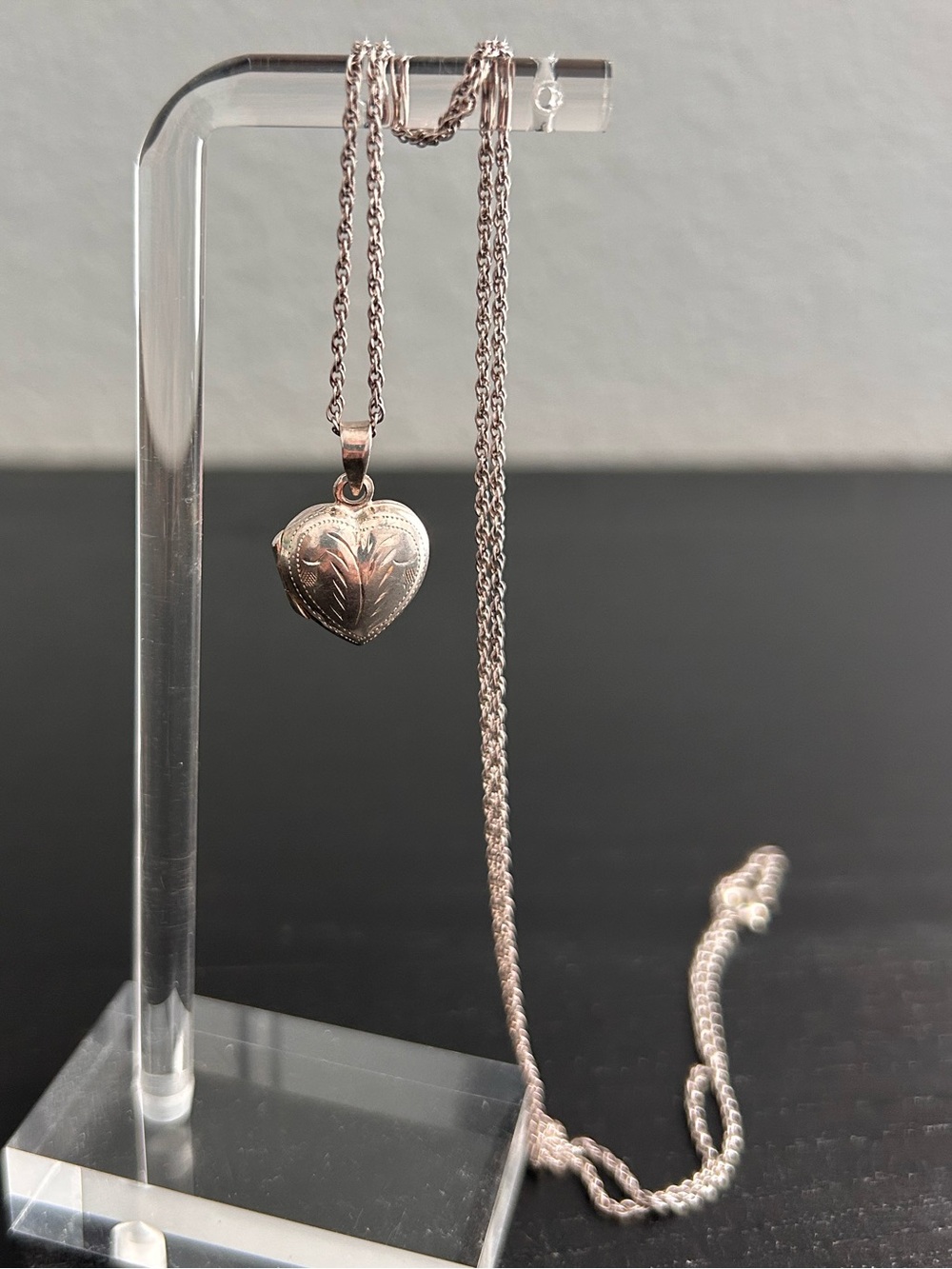 Delicate Sterling Silver Engraved Heart Locket and 24” chain Vintage!